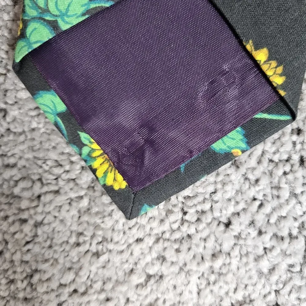 Vtg Britches Great Outdoors Necktie Black Cotton Sunflowers AOP 55